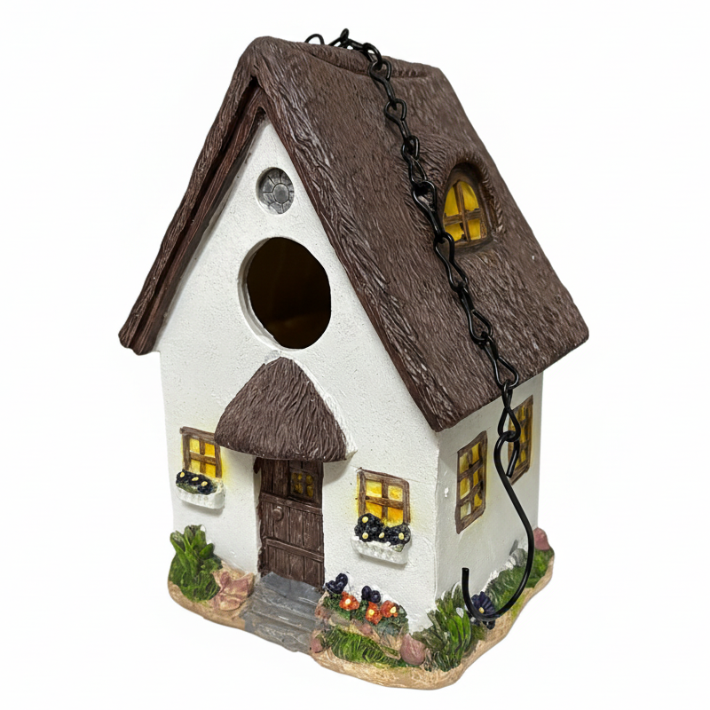 White cottage birdhouse with background removed - same angle