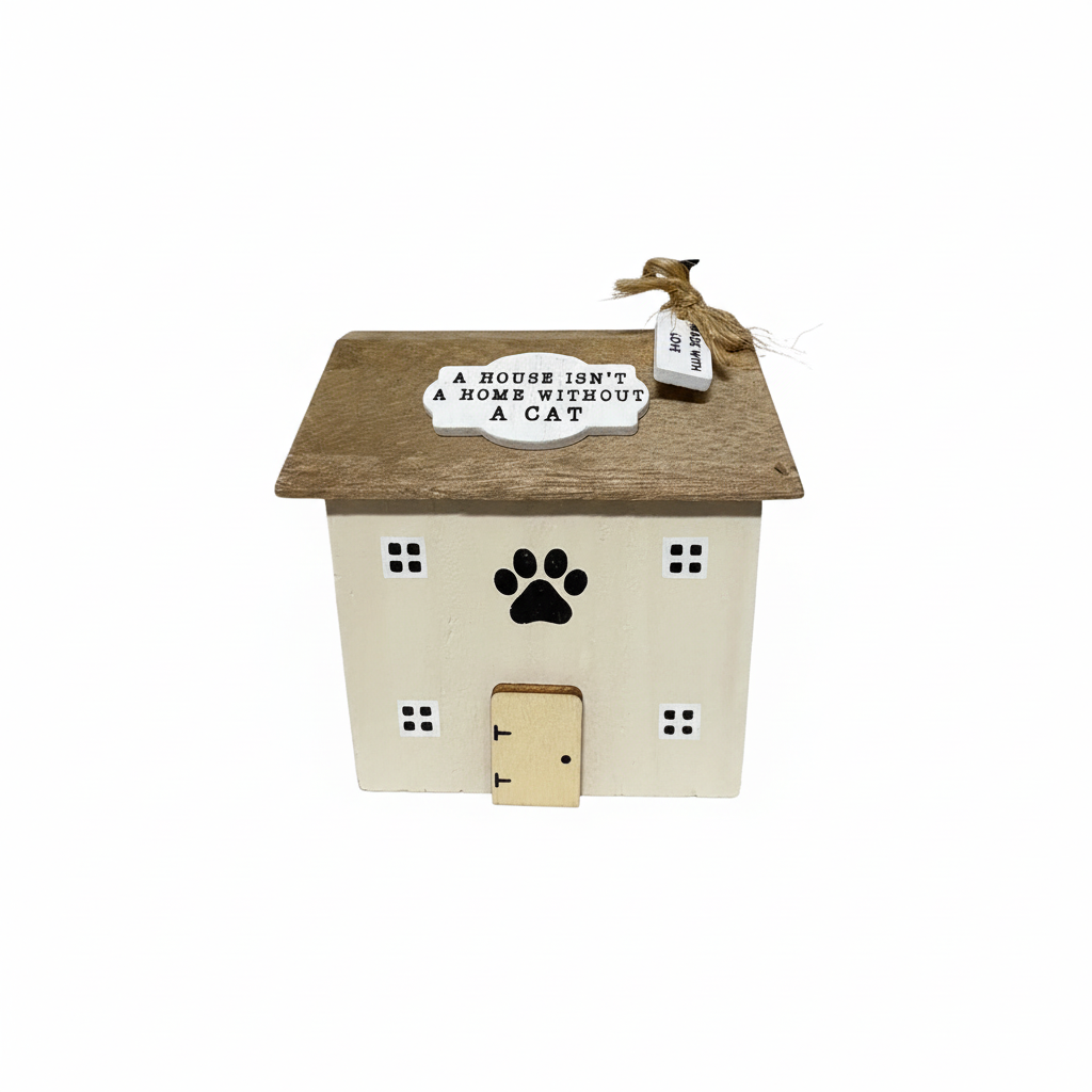 Wooden cat house ornament with background removed
