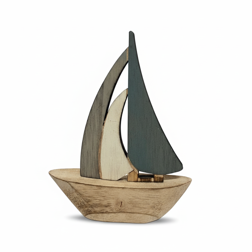 Wooden sailboat ornament with background removed